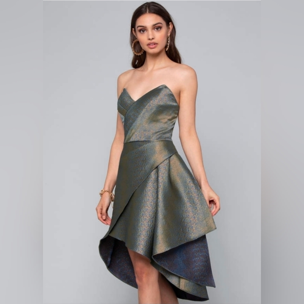 Bebe Strapless Asymmetrical Green and Blue Cocktail Dress